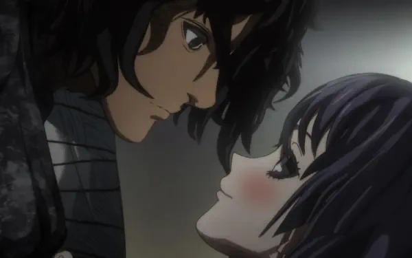 A dramatic moment from Kengan Ashura, featuring two characters in an intense gaze, set against a muted background, creating a captivating HD anime wallpaper.