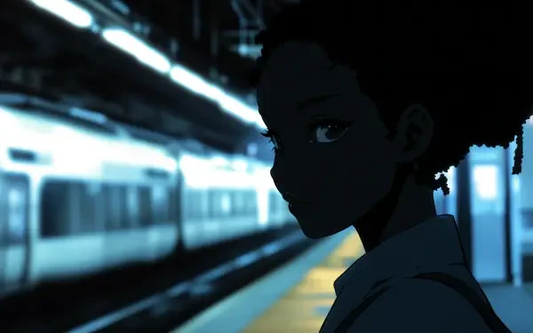 A striking 4K Ultra HD wallpaper featuring a black anime girl, silhouetted against a dimly lit train station platform, capturing a moment of intrigue and contemplation.
