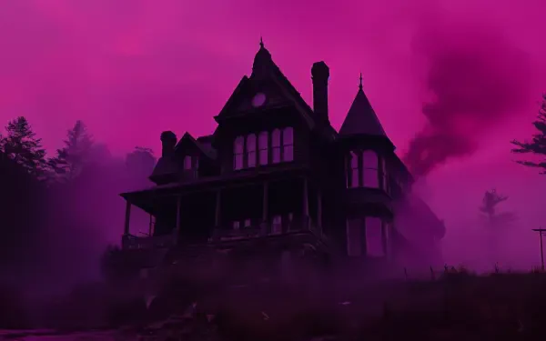 A haunting Victorian house emerges from eerie fog against a striking pink sky, embodying a chilling horror aesthetic. This 4K Ultra HD wallpaper captures a spine-tingling ambiance.