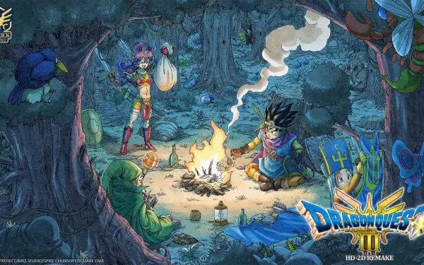 A captivating HD desktop wallpaper showcasing a scene from DRAGON QUEST III HD-2D Remake, featuring characters gathered around a campfire in a vibrant forest setting.
