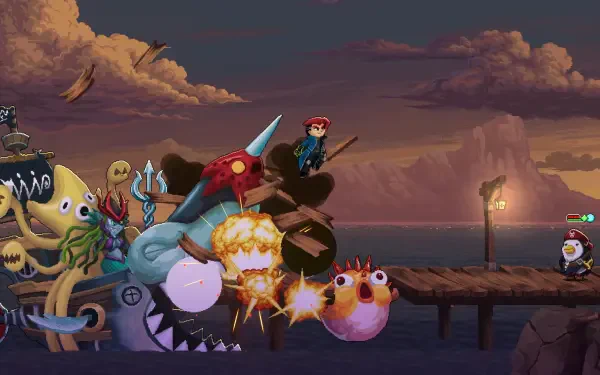 A vibrant HD wallpaper from the video game Spirit Mancer, showcasing a dynamic scene with colorful characters and creatures set against a dramatic sunset backdrop.