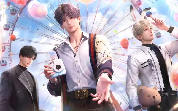 A vibrant HD wallpaper featuring characters Xavier, Rafayel, and Zayne from the video game Love and Deepspace, set against a festive backdrop with balloons and a ferris wheel.