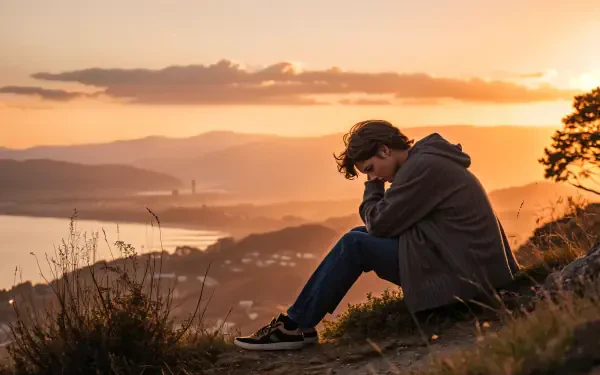 A young person sits alone on a hillside at sunset, their expression conveying deep sadness. The picturesque landscape adds emotional depth to this 4K Ultra HD desktop wallpaper.