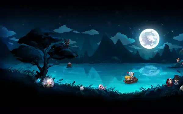 A serene HD wallpaper from Guardian Tales, featuring a tranquil night scene with a vibrant moon over a calm lake, surrounded by mountains and whimsical characters.