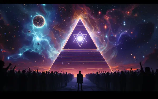 A striking 4K Ultra HD wallpaper featuring a vibrant cosmic scene with a large triangular structure and a crowd below, invoking themes associated with the Illuminati.