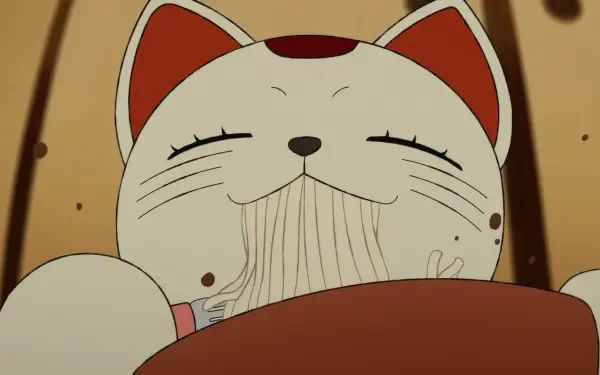 HD anime desktop wallpaper featuring Turbo Granny from Dandadan with a close-up of a content cat character.