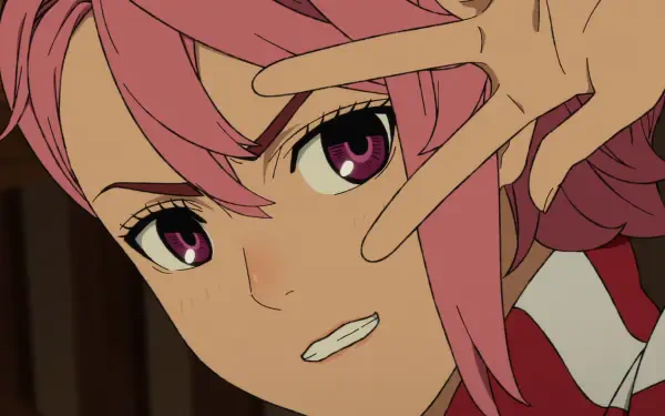 HD PC desktop wallpaper featuring Aira Shiratori from the anime Dandadan, showcasing her confident expression and vibrant pink hair.