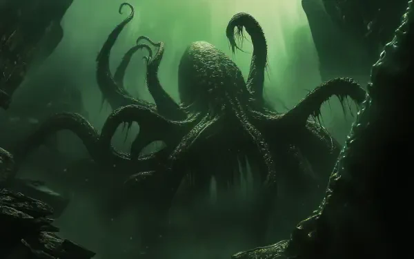 A dark Lovecraftian horror scene featuring a colossal creature emerging from shadowy depths, rendered in stunning 4K Ultra HD, creating an eerie and immersive atmosphere.