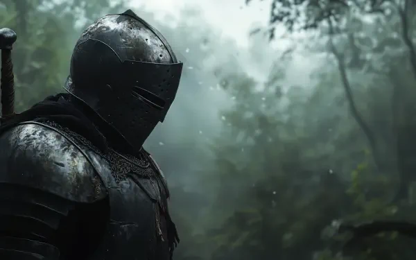 A medieval knight stands solemnly in the misty forest, clad in armor, evoking a sense of mystery and adventure. This striking image serves as a captivating 4K Ultra HD desktop wallpaper.