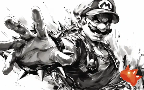 A dynamic black and white illustration of Mario from Super Mario Bros, showcasing his iconic look and a bold, action-oriented pose in an HD PC desktop wallpaper style.