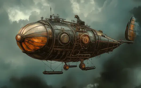 A stunning steampunk airship glides through dramatic clouds, featuring intricate details and a vintage design, showcased in this captivating 4K Ultra HD PC desktop wallpaper.