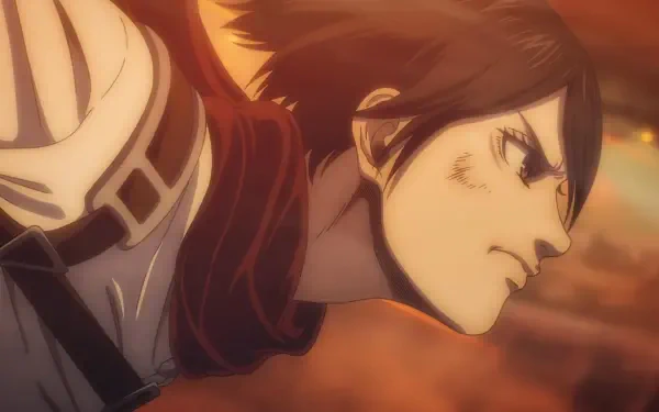 A dynamic HD wallpaper featuring Mikasa Ackerman from Attack on Titan: The Last Attack, showcasing her intense expression and determination against a dramatic backdrop.