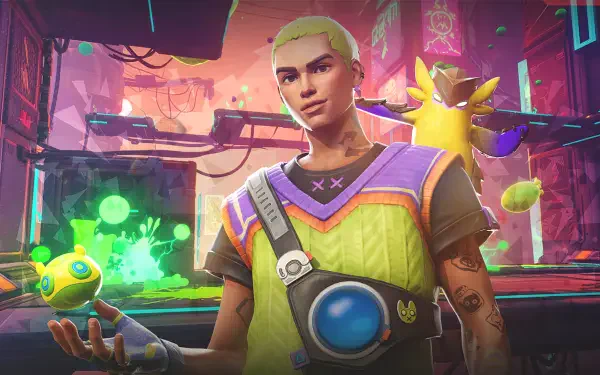 HD PC desktop wallpaper featuring Gekko from Valorant in a vibrant, futuristic urban setting with neon lights and colorful effects.