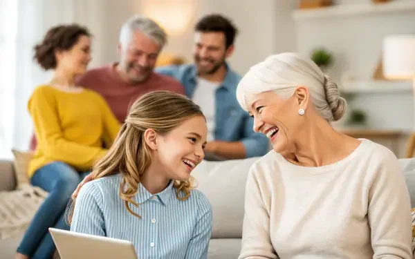 A warm family gathering captured in 4K Ultra HD, featuring a joyful conversation between a grandmother and her granddaughter, surrounded by smiling relatives.