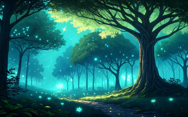 A captivating bioluminescent forest features glowing plants and trees, creating a magical atmosphere in this vibrant 4K Ultra HD desktop wallpaper.
