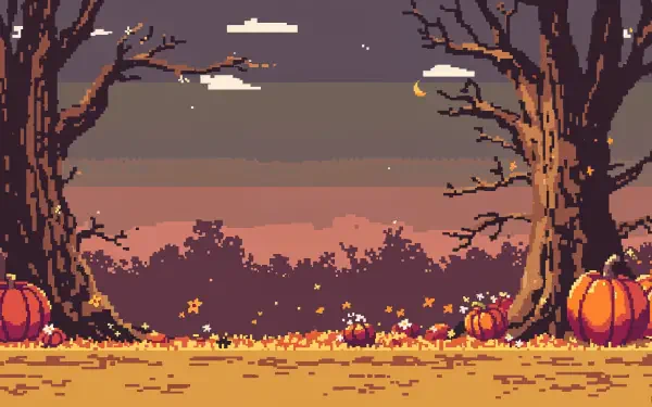 A vibrant 4K Ultra HD desktop wallpaper featuring a tranquil autumn scene with bare trees, scattered pumpkins, and a twilight sky filled with stars and clouds.