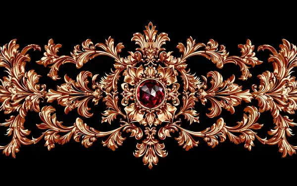 A lavish rose gold design featuring intricate floral patterns and a central jewel, set against a black background in stunning 4K Ultra HD quality.