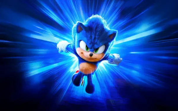 Sonic the Hedgehog 3 in dynamic motion with vibrant blue energy bursts, rendered in 8K Ultra HD for a stunning PC desktop wallpaper background.