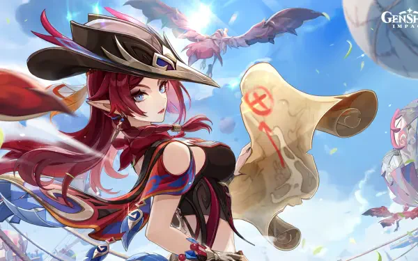 HD PC desktop wallpaper featuring Chasca from the video game Genshin Impact, set against a bright sky with birds flying in the background.