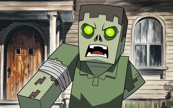 A Minecraft zombie character with glowing green eyes and tattered clothing, set against a rustic backdrop, showcased in a vibrant 4K Ultra HD desktop wallpaper.