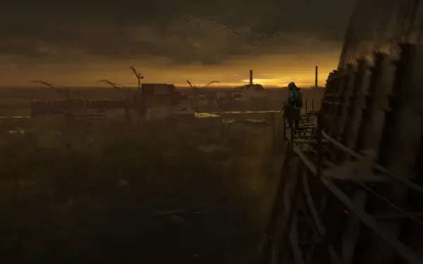 View of a lone figure on a high structure overlooking a desolate landscape at sunset, featuring themes from the video game S.T.A.L.K.E.R. 2: Heart of Chernobyl in stunning 4K Ultra HD.