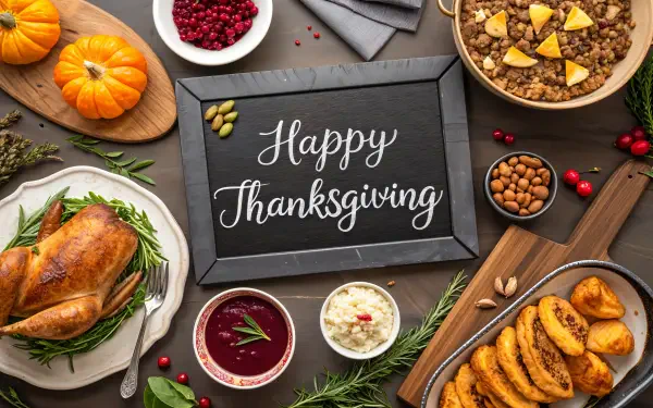 A beautifully arranged Thanksgiving feast featuring a roasted turkey, side dishes, pumpkins, and a chalkboard sign displaying Happy Thanksgiving. This 4K Ultra HD wallpaper captures the festive spirit.