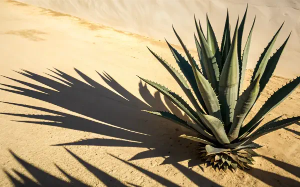A vibrant agave plant casts long shadows on sandy terrain, showcasing its sharp leaves and desert setting. This image serves as a stunning 4K Ultra HD desktop wallpaper.
