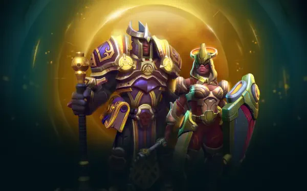 A vibrant HD wallpaper featuring two paladin characters from Corepunk, standing confidently against a radiant background that highlights their armor and weapons.