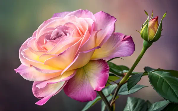 A stunning pink rose, featuring soft petals in shades of pink and yellow, accompanied by a budding rose, serves as a vibrant 4K Ultra HD desktop wallpaper and background.