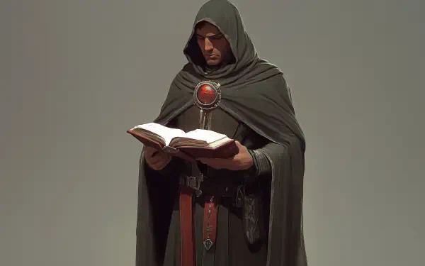 A mystical cleric in a dark cloak reads from a large book, adorned with a red gem, set against a neutral background. This HD wallpaper enhances any RPG-themed desktop.