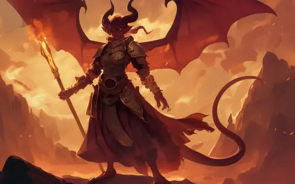 A striking HD wallpaper featuring a Tiefling demon, standing boldly with a fiery staff, vibrant wings unfurled against a dramatic sunset backdrop.