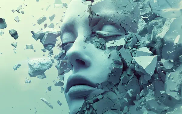 A striking 4K Ultra HD wallpaper depicting a fragmented face emerging from shattered fragments, symbolizing humanity and the essence of the soul.