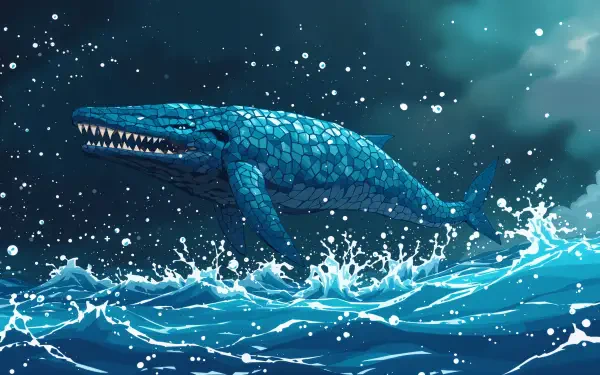 A vivid 4K Ultra HD wallpaper depicting a massive blue creature swimming through turbulent ocean waves under a dramatic sky, capturing the essence of underwater adventure.
