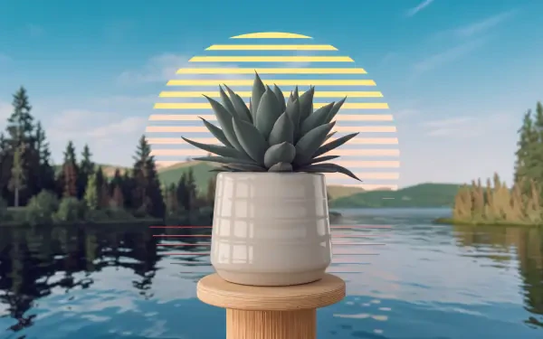 A potted plant sits on a wooden stand by a serene lake, with a vibrant sunset backdrop featuring layered horizontal stripes, creating a calming 4K Ultra HD desktop wallpaper.