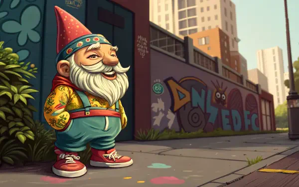 Colorful garden gnome stands confidently on a city sidewalk, surrounded by vibrant graffiti and urban scenery, set against a backdrop of modern buildings. 4K Ultra HD desktop wallpaper.