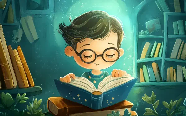 A whimsical 4K Ultra HD background featuring a young child with glasses, engrossed in a book, surrounded by shelves of books and plants in a cozy, enchanting setting.