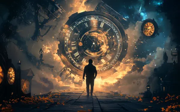 A lone figure stands before a massive, fiery clock face, surrounded by swirling clouds and glowing timepieces, embodying the concept of a Time Traveler in this stunning 4K Ultra HD wallpaper.