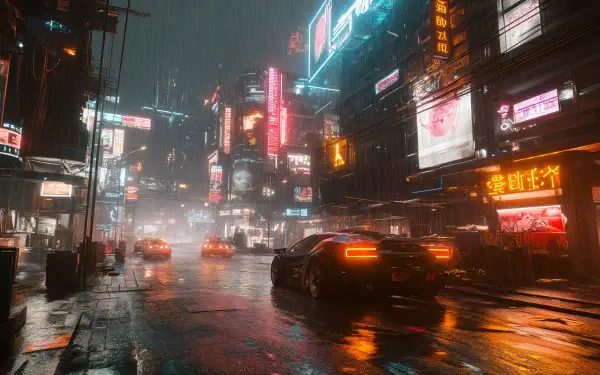 A stunning 4K Ultra HD wallpaper depicts a vibrant cyberpunk city, illuminated by neon lights and drenched in rain, showcasing futuristic cars and a moody atmosphere.
