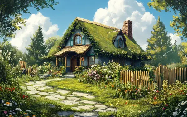 A charming cottage adorned with greenery and flowers, set against a bright sky, embodies the essence of cottagecore in this stunning 4K Ultra HD wallpaper.