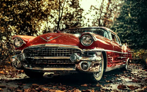 A vintage car in a vibrant autumn setting, with leaves framing its shiny chrome details, serves as a stunning 4K Ultra HD PC desktop wallpaper and background.