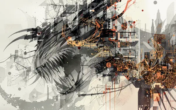 A striking 4K Ultra HD PC desktop wallpaper featuring an abstract design with bold black shapes and vibrant orange accents, creating a dynamic, modern visual composition.