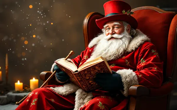 A cheerful Santa Claus in a red suit and hat, sitting in a cozy chair, reading a book. This 4K Ultra HD wallpaper captures a warm, festive atmosphere.