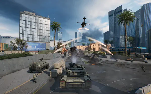 A dynamic HD wallpaper depicting an intense scene from Delta Force, featuring helicopters, tanks, and soldiers navigating an urban battlefield.