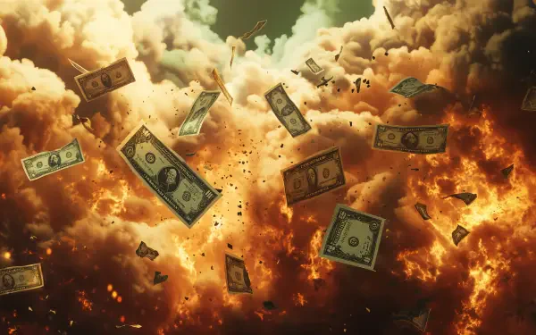 A dramatic explosion is depicted with dollar bills flying amidst swirling clouds, capturing the essence of money and inflation in this 4K Ultra HD desktop wallpaper.