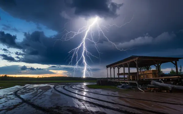 A dramatic lightning strike illuminates a dark sky above a rural landscape, captured in stunning 4K Ultra HD detail, transforming it into a captivating desktop wallpaper.