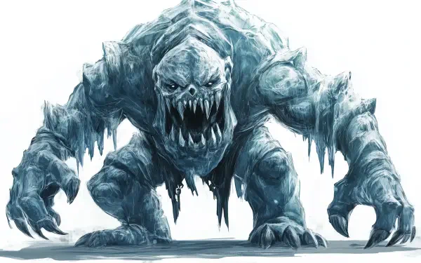 A fierce ice golem monster looms in this HD PC desktop wallpaper, showcasing sharp teeth and icy features that evoke a sense of danger and mystery.