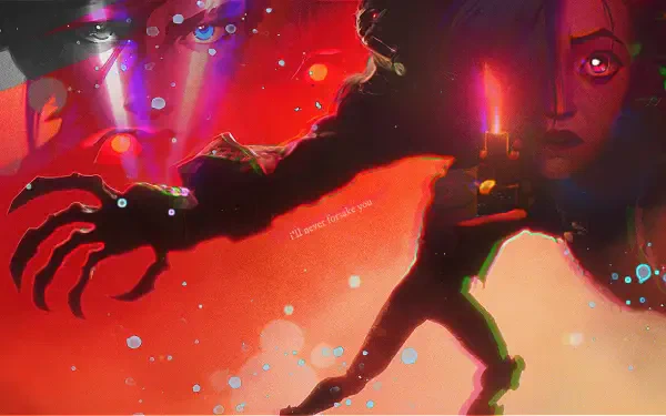 HD PC desktop wallpaper featuring stylized characters Jinx and Vi from Arcane and League of Legends, with a dark, vibrant Netflix-inspired aesthetic.