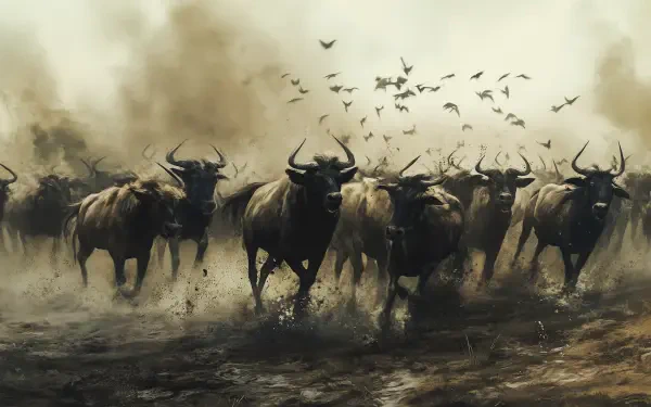 A dramatic scene of a stampede, featuring a group of powerful bulls charging through a dusty field, with birds scattering overhead. This HD image makes an striking desktop wallpaper.