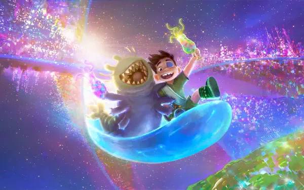 A vibrant 4K Ultra HD wallpaper from the movie *Elio* (2025), featuring a young boy joyfully riding a whimsical creature through a colorful, cosmic landscape.