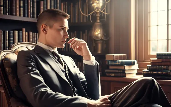 A young man in a suit sits thoughtfully in a library, surrounded by books. Soft light filters through a window, creating a serene atmosphere. 4K Ultra HD PC desktop wallpaper.